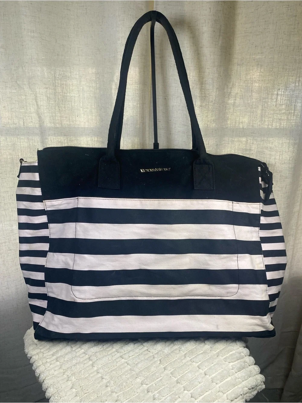 Victoria’s Secret Pink Black Striped Weekender Tote Bag Large Canvas Getaway